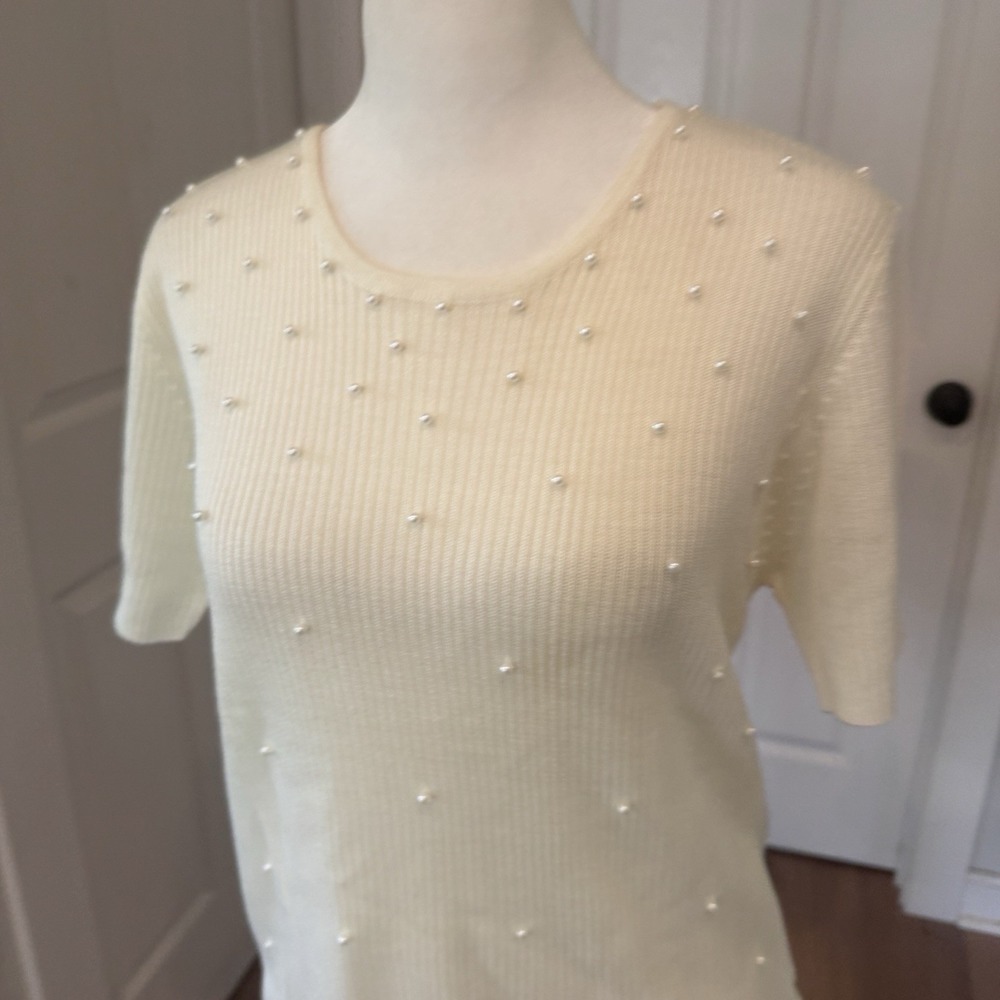Vtg‎ 90s/Y2k Sz S Off White Knit Sweater Pearl Bead Embellished S/S Top Dressy